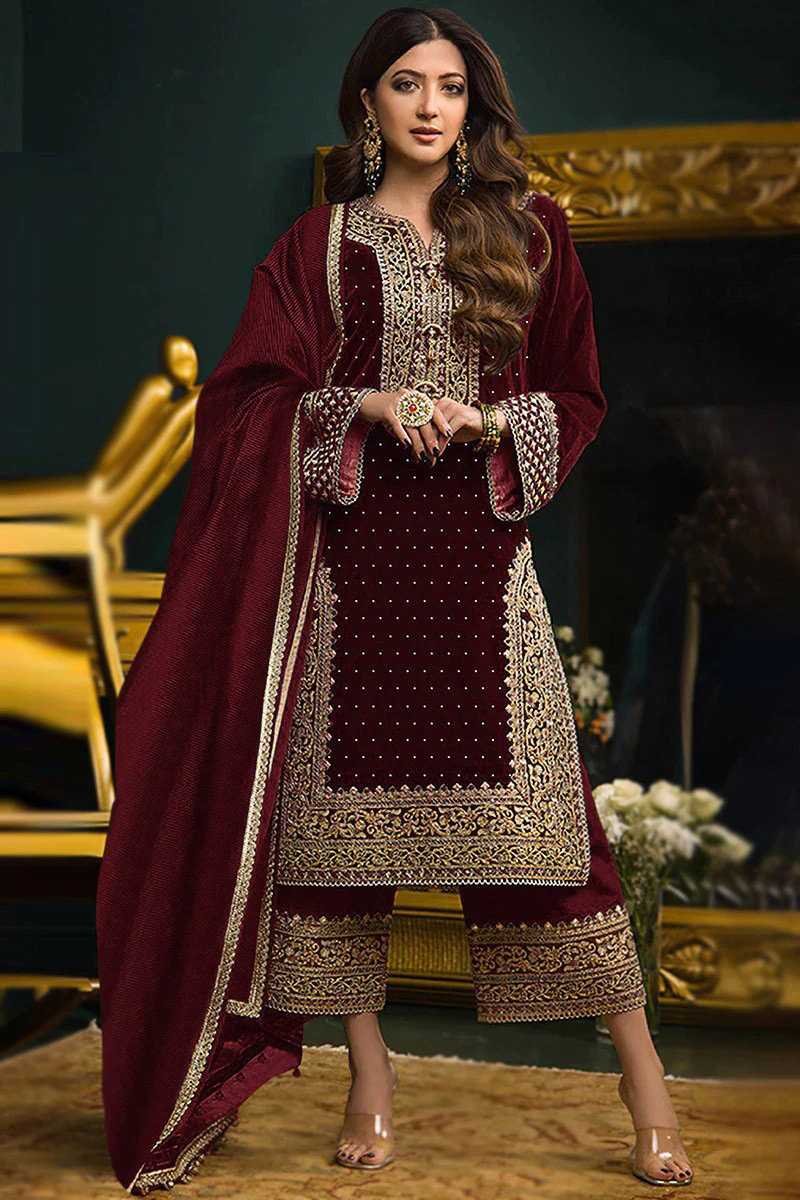 Dark Maroon Velvet Embroidered Straight Cut Palazzo Suit - Image 3