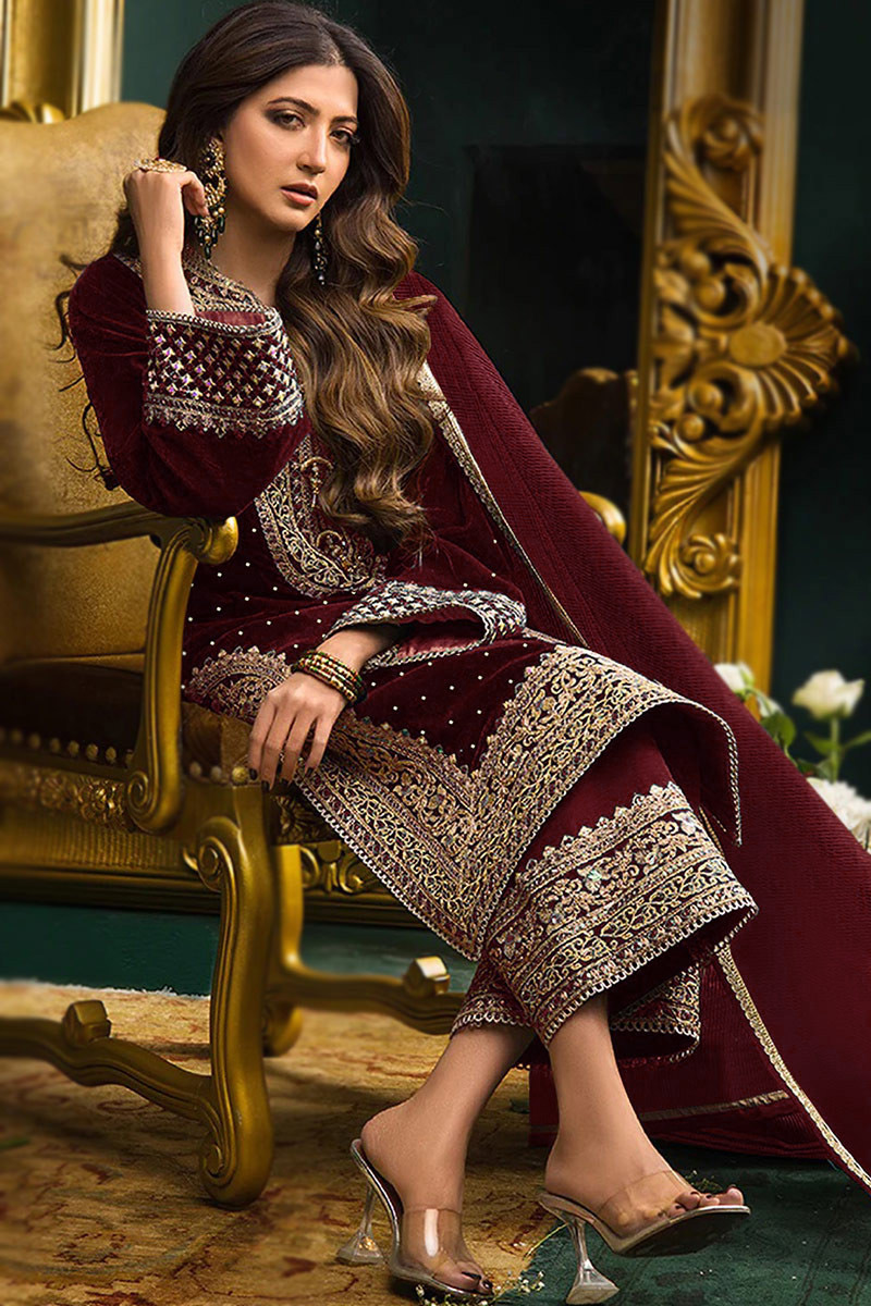 Dark Maroon Velvet Embroidered Straight Cut Palazzo Suit - Image 2