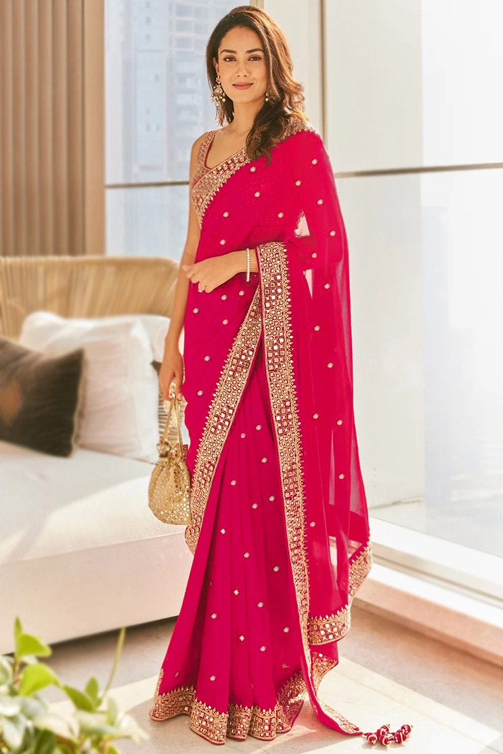 Georgette Ruby Pink Embroidered Light Weight Saree - Image 2
