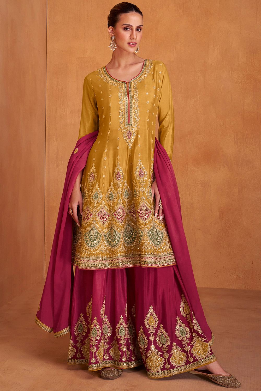 Mustard Yellow Chinnon Embroidered Palazzo Suit - Image 2