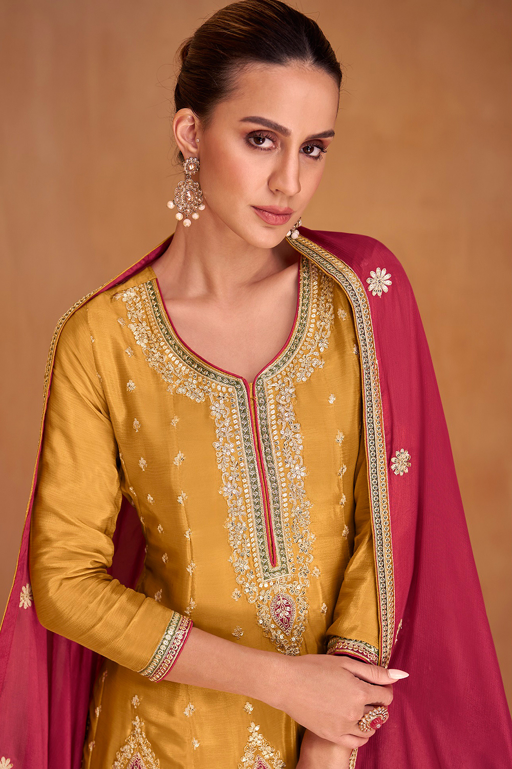 Mustard Yellow Chinnon Embroidered Palazzo Suit - Image 3
