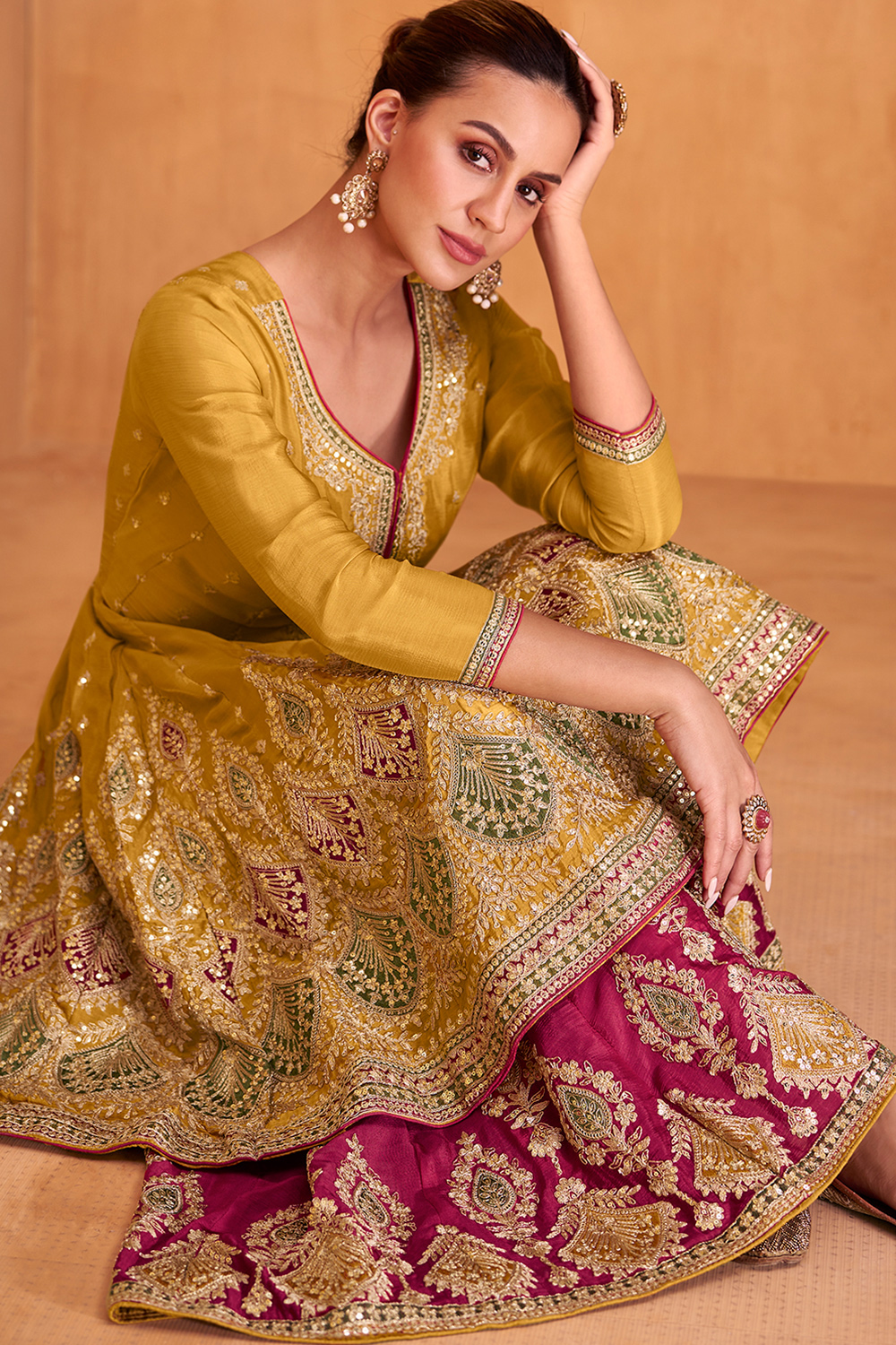 Mustard Yellow Chinnon Embroidered Palazzo Suit - Image 4